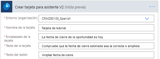 Ingrese el entorno, el nombre de la tarjeta, el encabezado de la tarjeta, el texto de la tarjeta y el texto del botón.