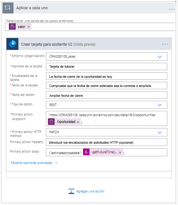 Seleccione el tipo de botón como REST y agregue el punto de conexión OData con el Id. de oportunidad.