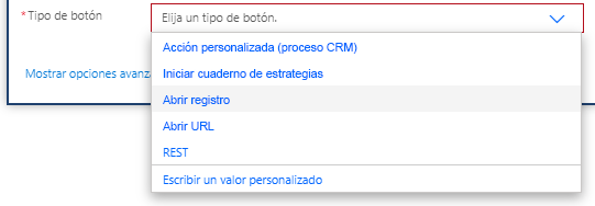 Elija un desplegable de tipo de botones con una acción personalizada (proceso de CRM) seleccionada.