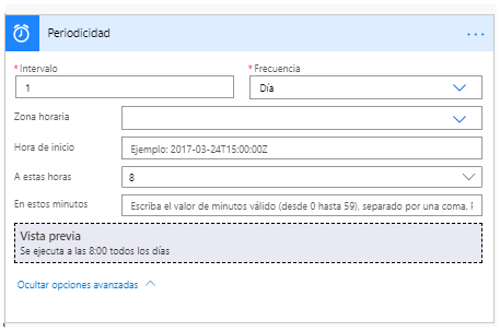 En el cuadro de diálogo Periodicidad, la propiedad A estas horas se establece en 8.