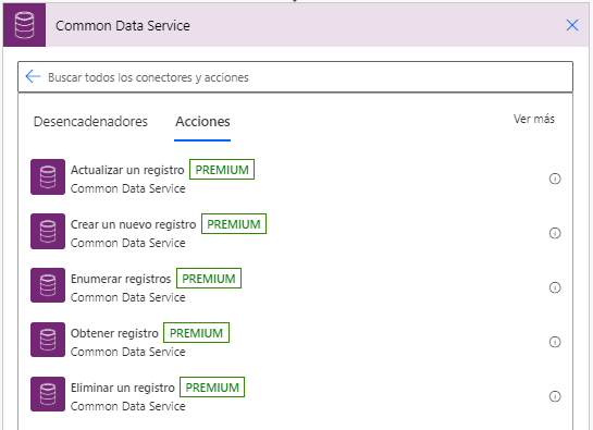 Los resultados de la búsqueda de Dataverse se muestran en la pestaña Acciones y se selecciona Enumerar registros.