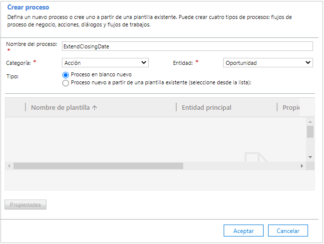 Introduzca el nombre como ExtendClosingDate y seleccione Categoría como Acción y Tabla como Oportunidad.