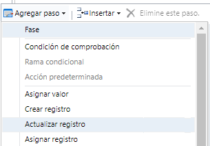 El menú Agregar paso tiene seleccionado Actualizar registro.