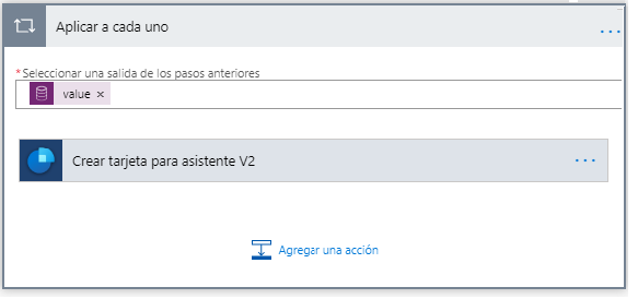 Seleccione Agregar una acción debajo de Crear tarjeta para asistente V2.