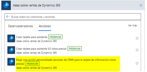 Seleccione Elegir acción personalizada (proceso CRM) para una tarjeta de información.