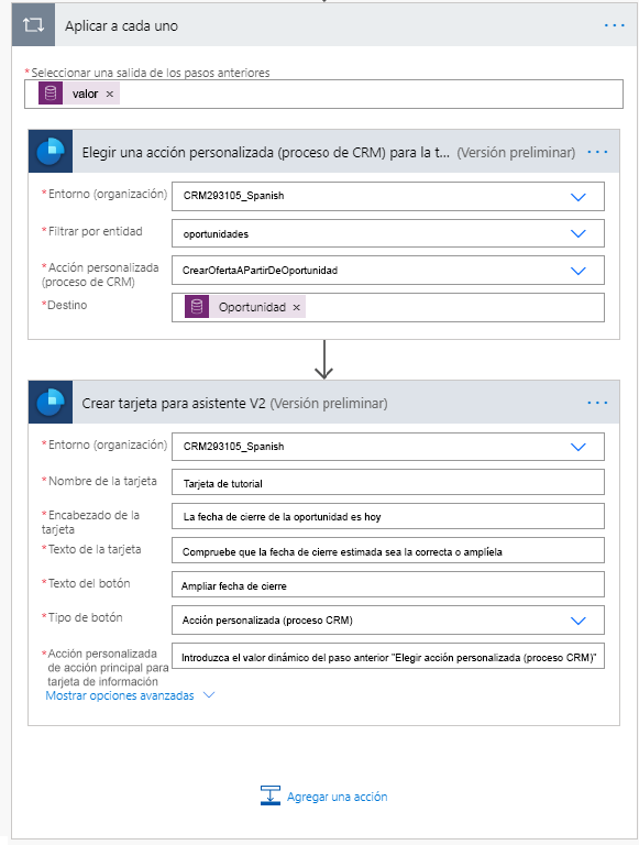 Agregue Crear tarjeta para asistente V2 debajo de Elegir acción personalizada (proceso CRM) para tarjeta de información.