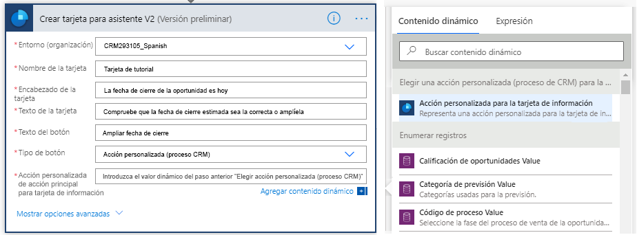 Seleccione Acción personalizada para tarjeta de información de contenido dinámico.