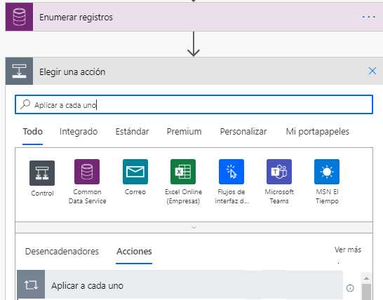 En Enumerar registros, en Elegir una acción, los resultados de la búsqueda a aplicar a cada uno aparecen en la pestaña Acciones.