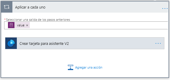 Aplicar a cada uno contiene el valor de los pasos anteriores, además de Crear tarjeta para asistente V2.