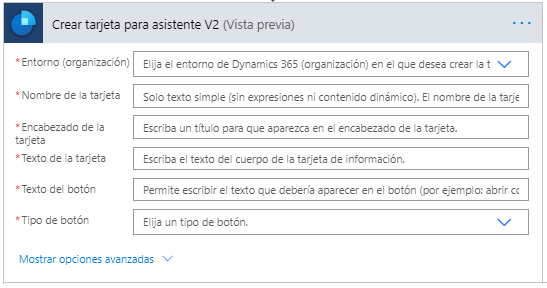 Crear tarjeta para asistente V2 con columnas en blanco.