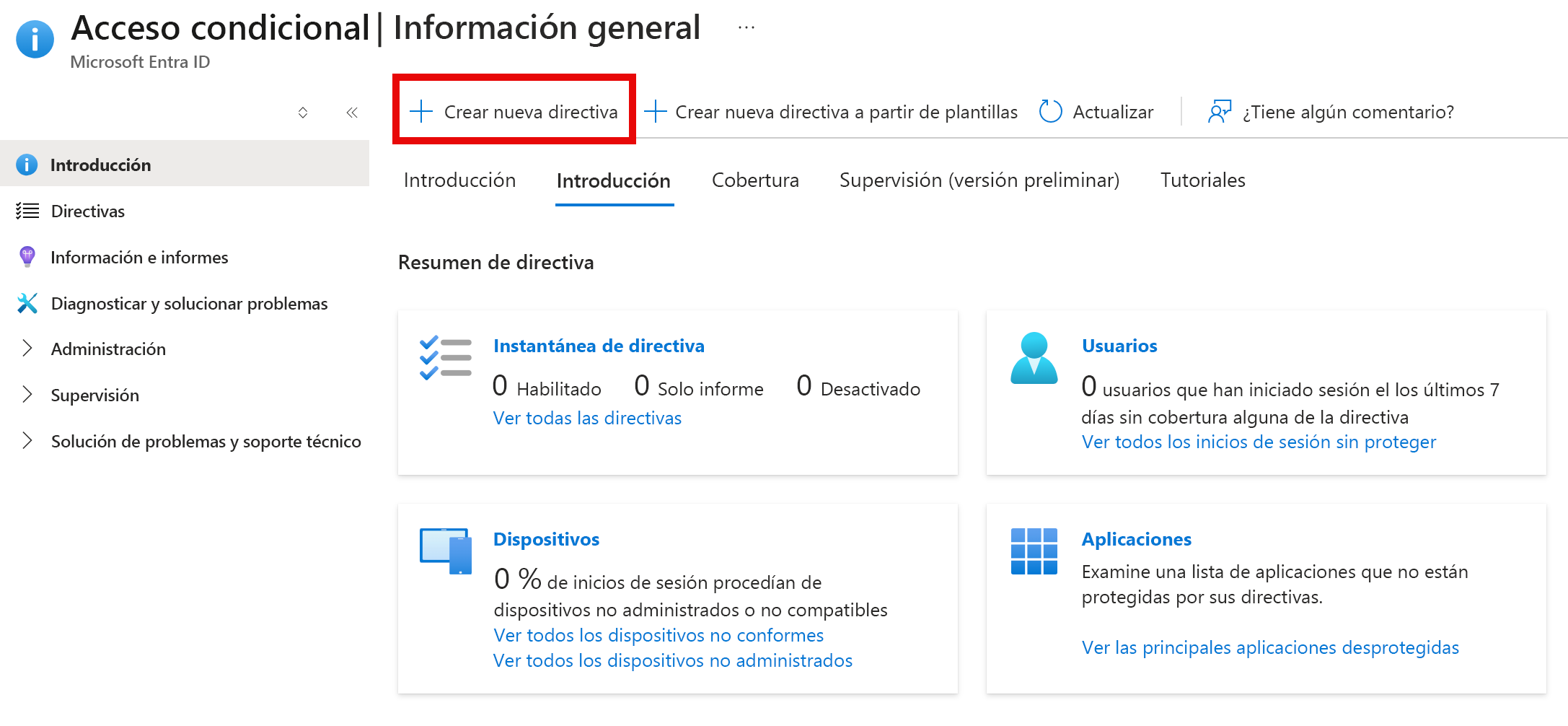 Captura de pantalla en la que se resalta el botón Nueva directiva en Azure Portal.