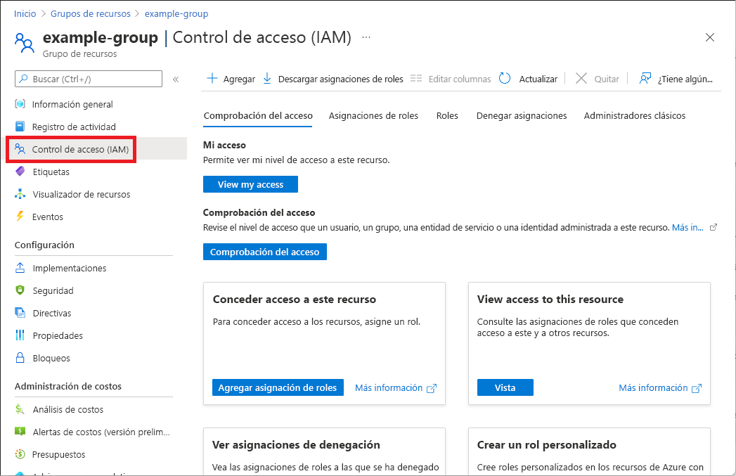 Captura de pantalla que muestra la opción Control de acceso (IAM) en el panel del grupo de recursos.