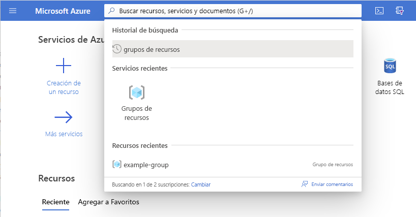 Captura de pantalla de Azure Portal en la que se muestra cómo buscar grupos de recursos.