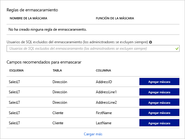 Screenshot of the Azure portal showing a list of the recommended masks for the various database columns of a sample database.