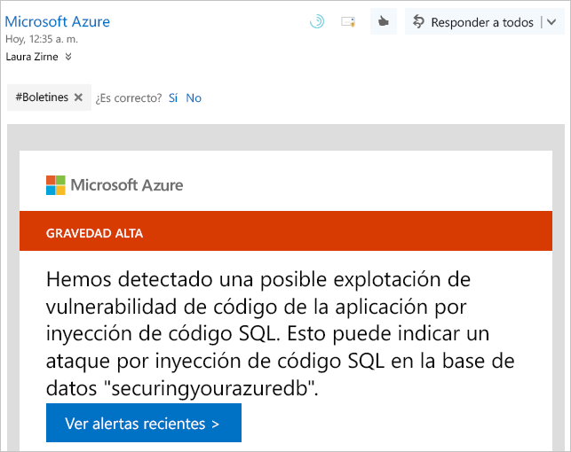 Recorte de pantalla que muestra una advertencia de notificación de ejemplo de Microsoft Defender for Cloud.