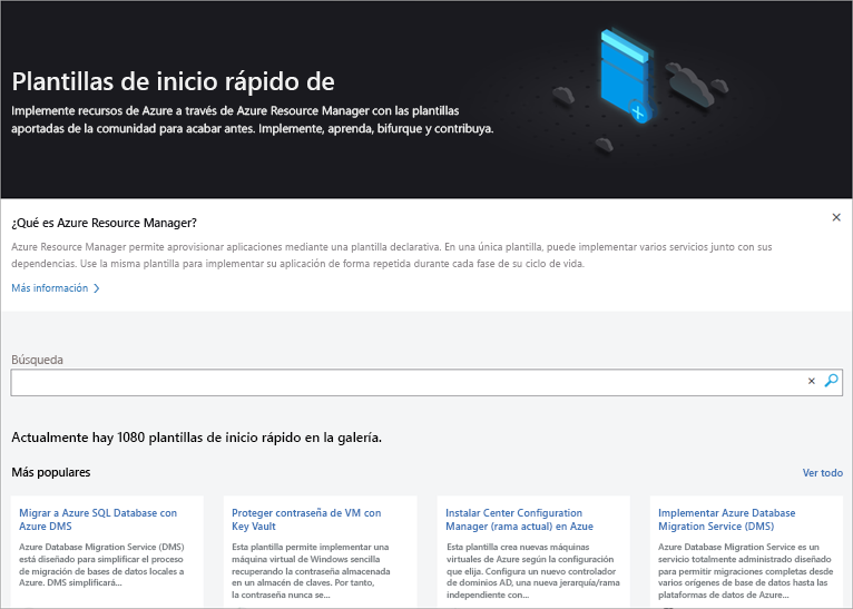Captura de pantalla en la que se muestran las plantillas de Azure.