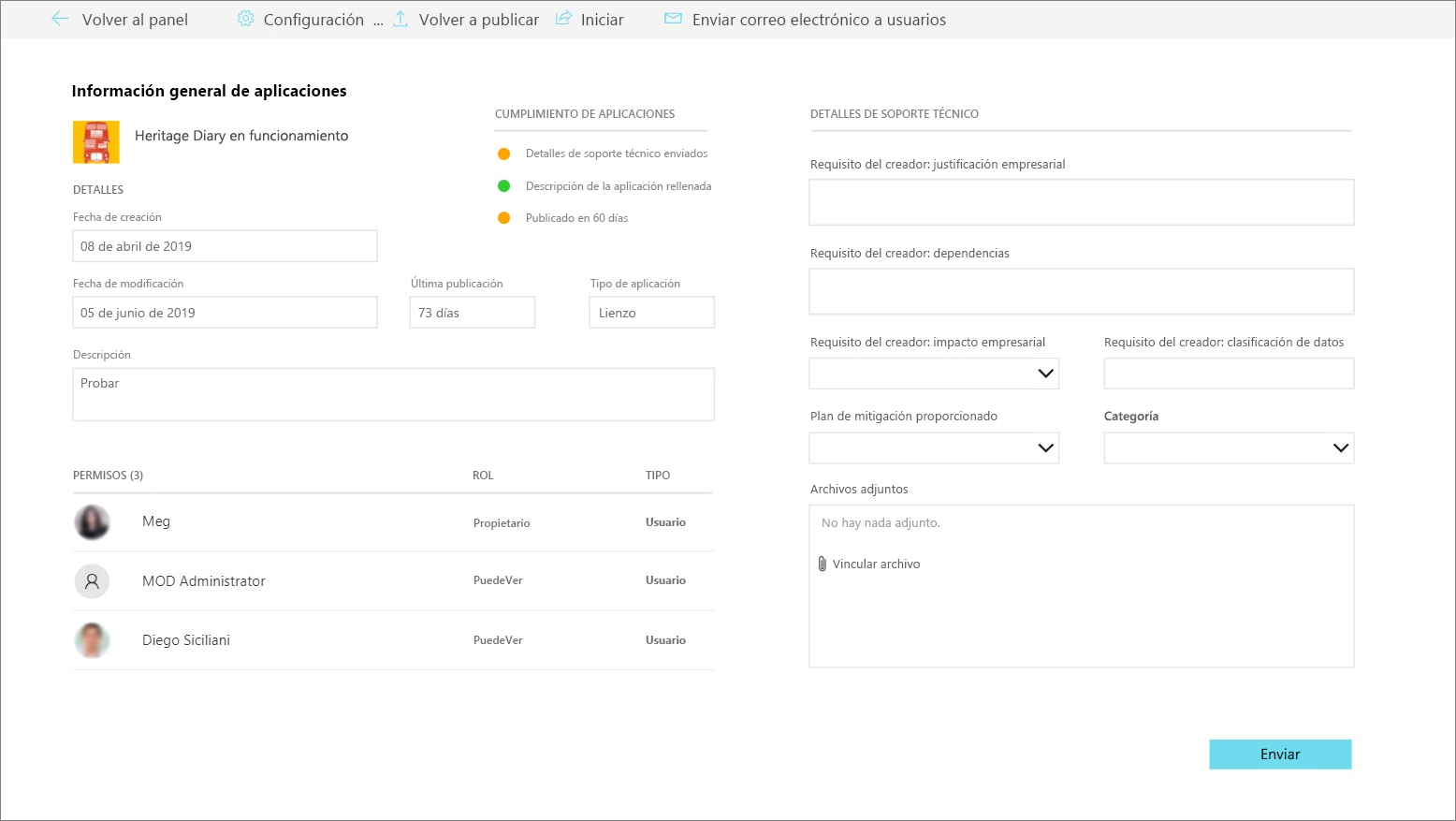 Captura de pantalla de la información general en la aplicación del centro de cumplimiento del desarrollo del CoE