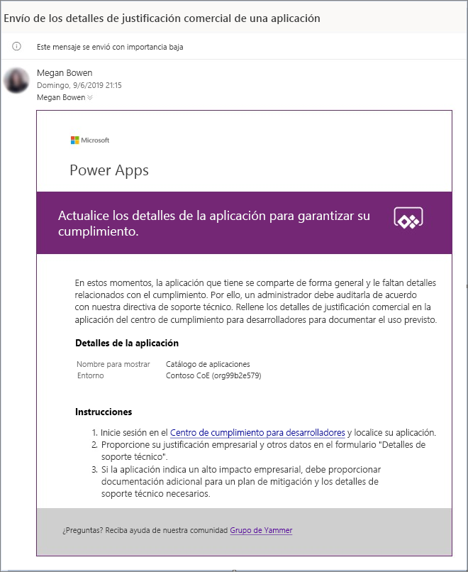 Captura de pantalla del correo electrónico del CoE, con detalles e instrucciones de la aplicación