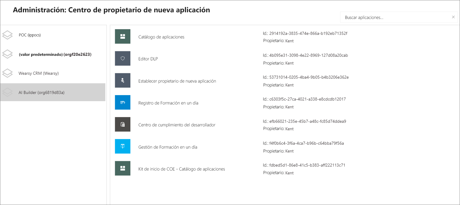 Captura de pantalla del administrador: nuevo centro de propietarios de aplicaciones, con la pestaña AI Builder seleccionada