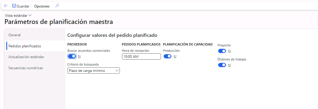 Captura de pantalla de la página de configuración de pedidos planificados.