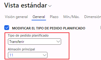 Captura de pantalla del campo Tipo de pedido planificado actualizado a Transferencia.