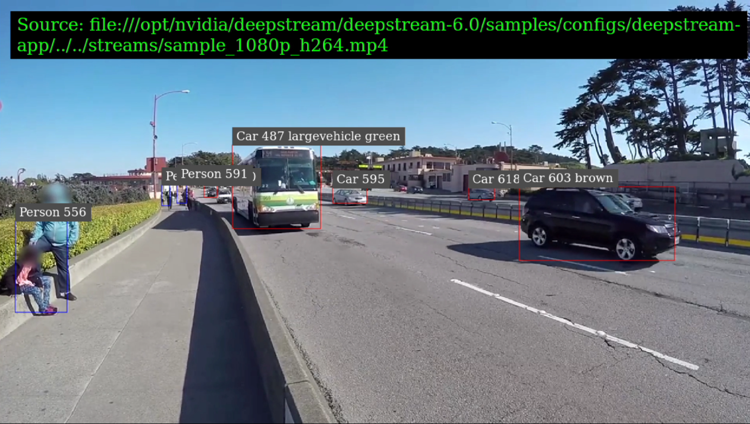 Captura de pantalla que muestra una aplicación DeepStream en ejecución.