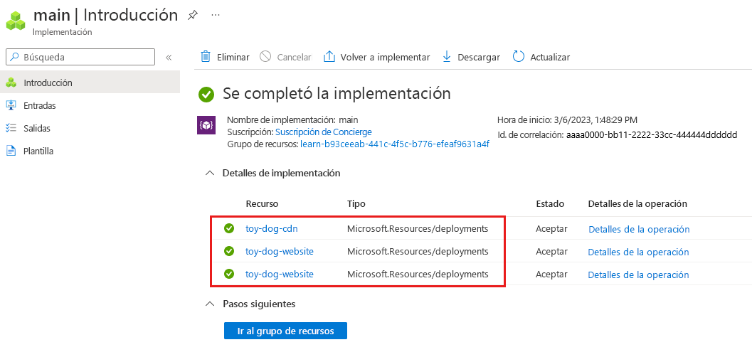 Captura de pantalla de Azure Portal que muestra los detalles de la implementación principal.