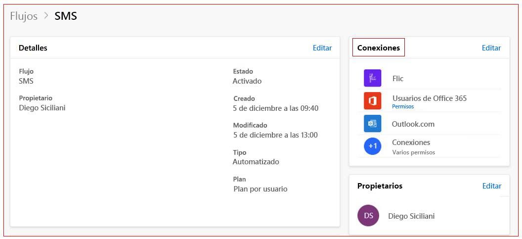Captura de la pantalla Flujos > S M S con las conexiones resaltadas.