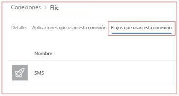 Captura de pantalla de los flujos que utilizan esta pestaña de conexión.
