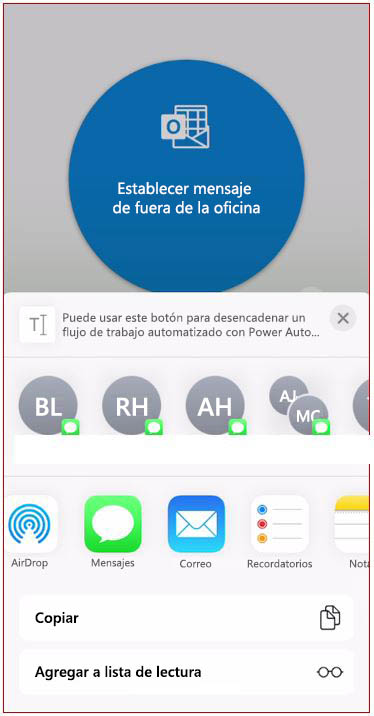 Captura de pantalla móvil de las opciones de Compartir vínculo del botón.