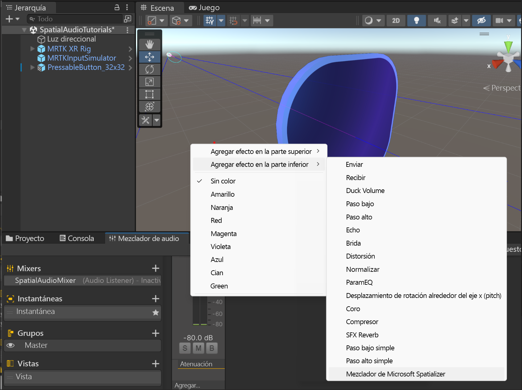 Screenshot of the Mixer panel: adding effect to first mixer.