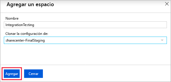 Screenshot of naming a new deployment slot and choosing whether to clone settings in the Azure portal.