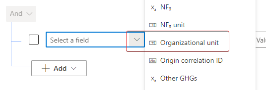 Screenshot of Select a field expanded to reveal the Organizational unit option.