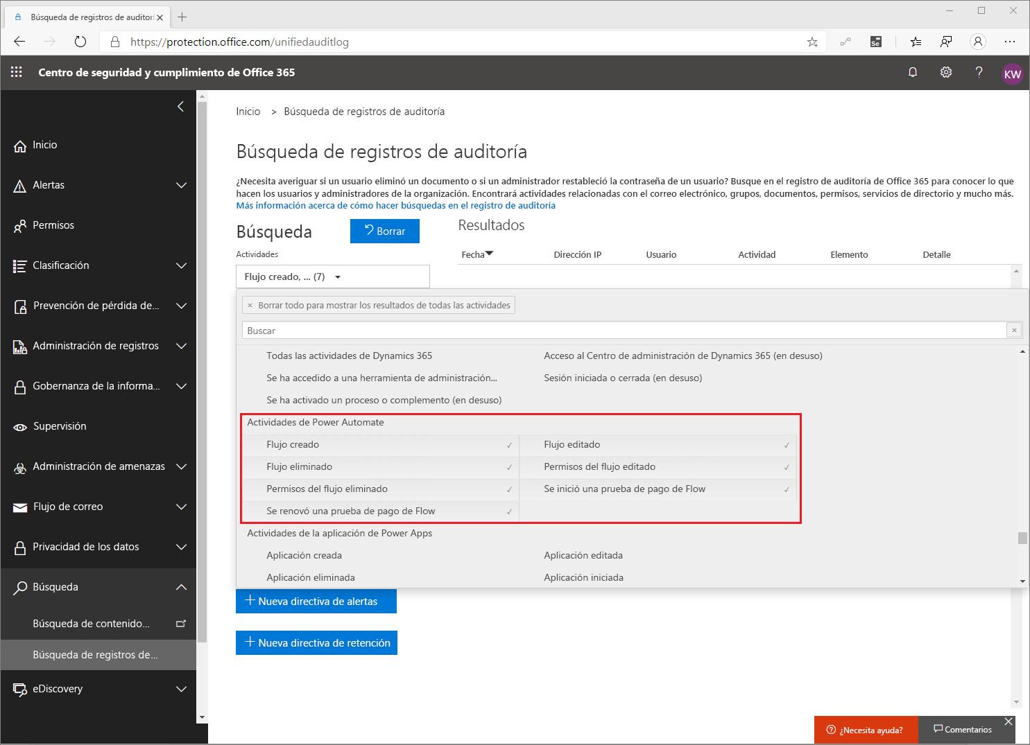 Captura de pantalla de la búsqueda de registros de auditoría de Seguridad y cumplimiento de Office 365 en la que se muestran las actividades de Power Automate.