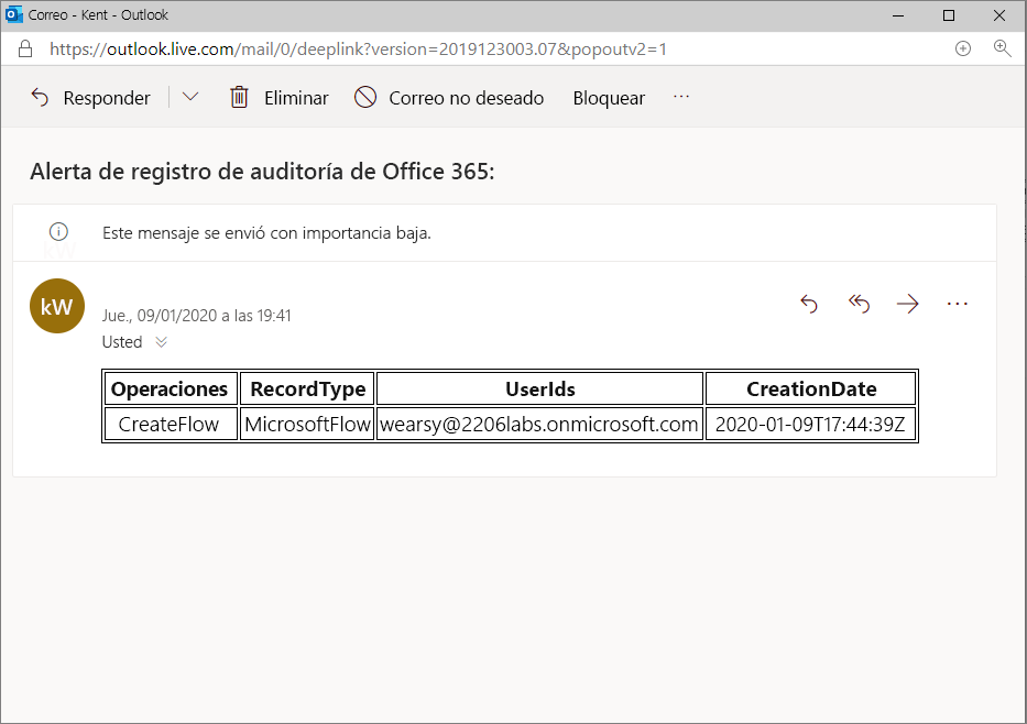 Captura de pantalla de Outlook en la que se muestra el correo electrónico de alerta de registro de auditoría de Office 365