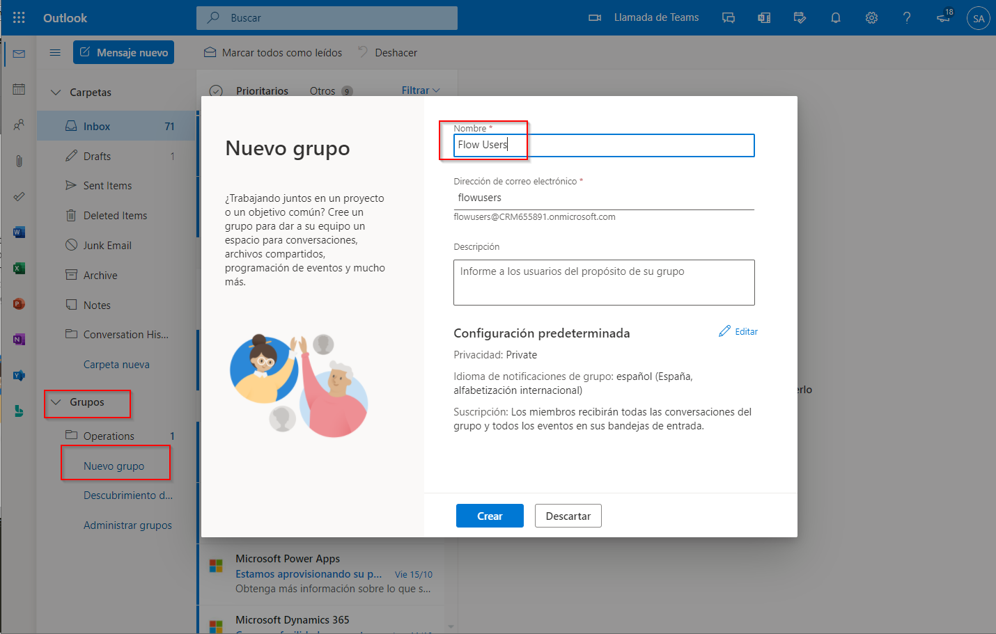 Captura de pantalla de Outlook con el cuadro de diálogo Nuevo grupo abierto