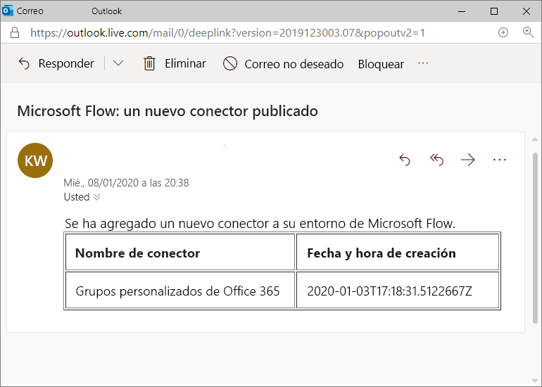 Captura de pantalla de Outlook en la que se muestra el correo electrónico de ejemplo