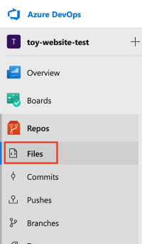 Captura de pantalla de Azure DevOps en la que se muestra el menú Repos (Repositorios) con la opción Files (Archivos) resaltada.