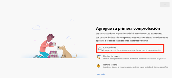 Captura de pantalla de la interfaz de Azure DevOps en la que se muestra la página para agregar una comprobación, con el elemento Aprobaciones resaltado.