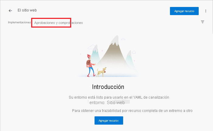 Captura de pantalla de la interfaz de Azure DevOps en la que se muestra el entorno Website, con la pestaña Aprobaciones y comprobaciones resaltada.