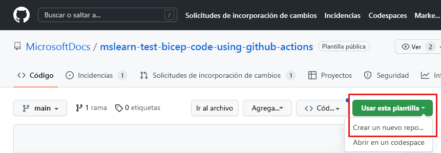 Captura de pantalla de la interfaz de GitHub en la que se muestra el repositorio de plantillas, con el botón 