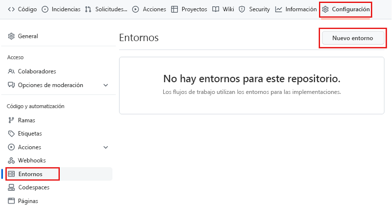 Captura de pantalla de la interfaz de GitHub en la que se muestra la página Entornos, con el botón para crear un entorno resaltado.