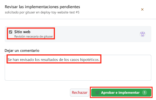 Captura de pantalla de la interfaz de GitHub en la que se muestra la página de aprobación del flujo de trabajo, con el botón Aprobar resaltado.