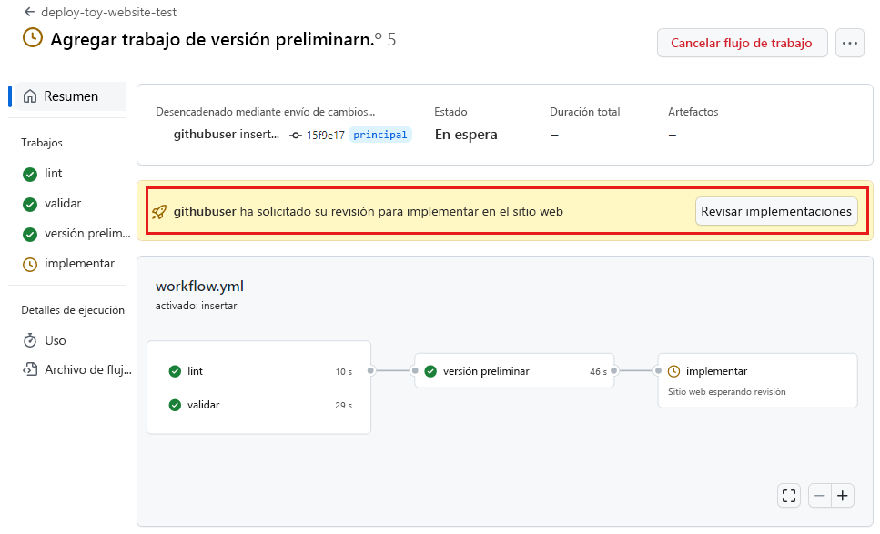 Captura de pantalla de la interfaz de GitHub en la que se muestra la ejecución del flujo de trabajo, con el requisito de revisión resaltado.