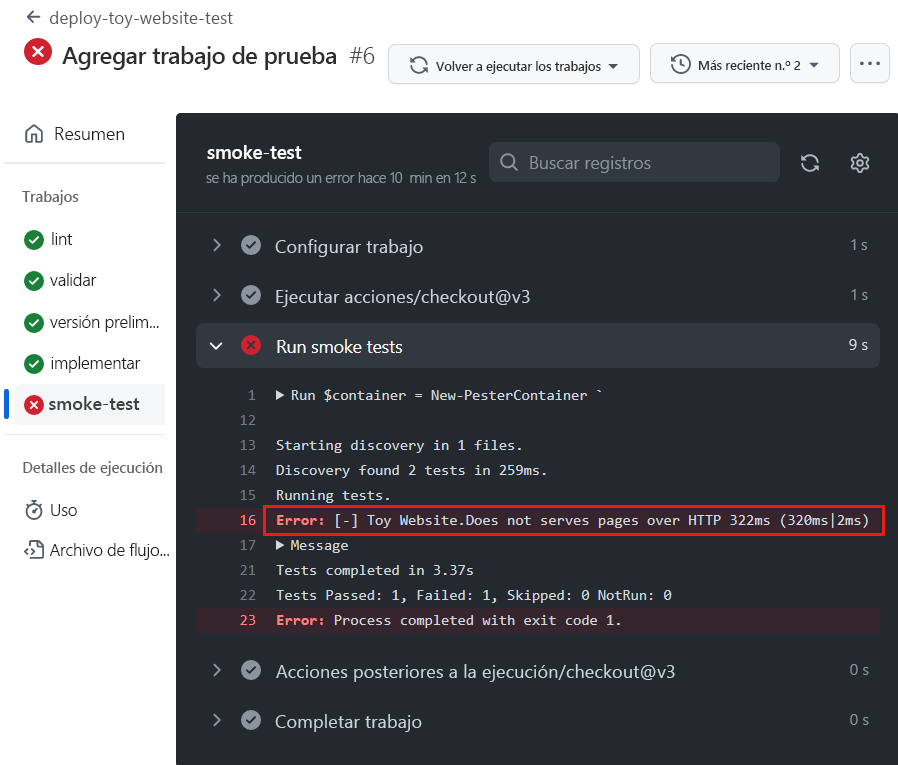 Captura de pantalla de la interfaz de GitHub en la que se muestran los resultados de la prueba de la ejecución del flujo de trabajo, con la prueba con errores resaltada.