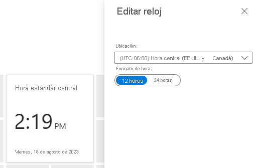 Captura de pantalla que muestra la configuración de edición del reloj para el icono de reloj en Azure Portal.