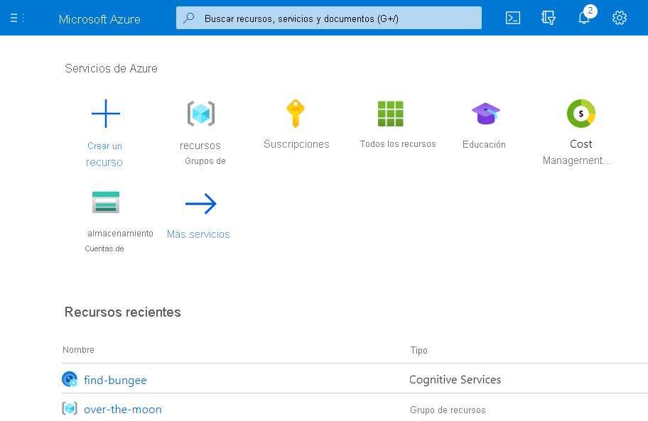 Captura de pantalla de Azure Portal con nuestro grupo de recursos y el recurso de Custom Vision.