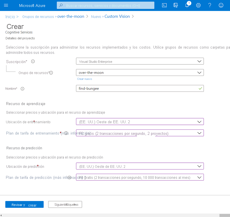 Captura de pantalla en la que se muestra la creación de un recurso de Custom Vision en Azure.