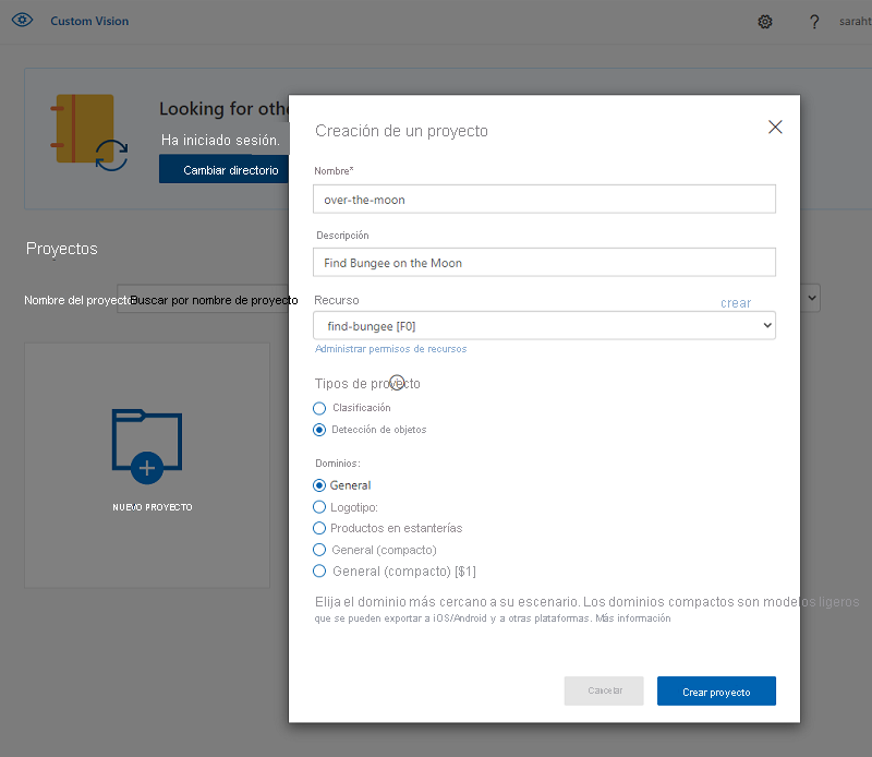 Captura de pantalla en la que se muestra la creación de un proyecto de Custom Vision en el portal de Custom Vision.