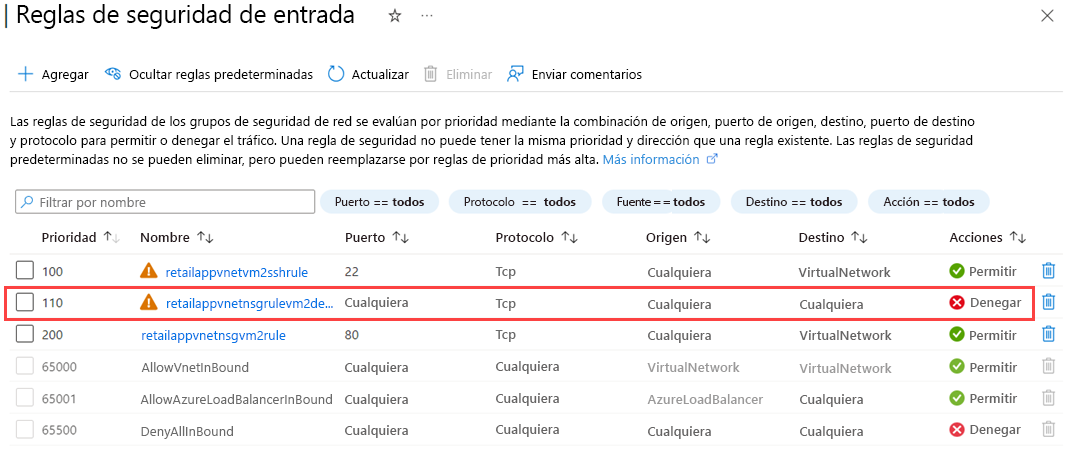 Captura de pantalla que muestra las reglas de seguridad de entrada para NSG.